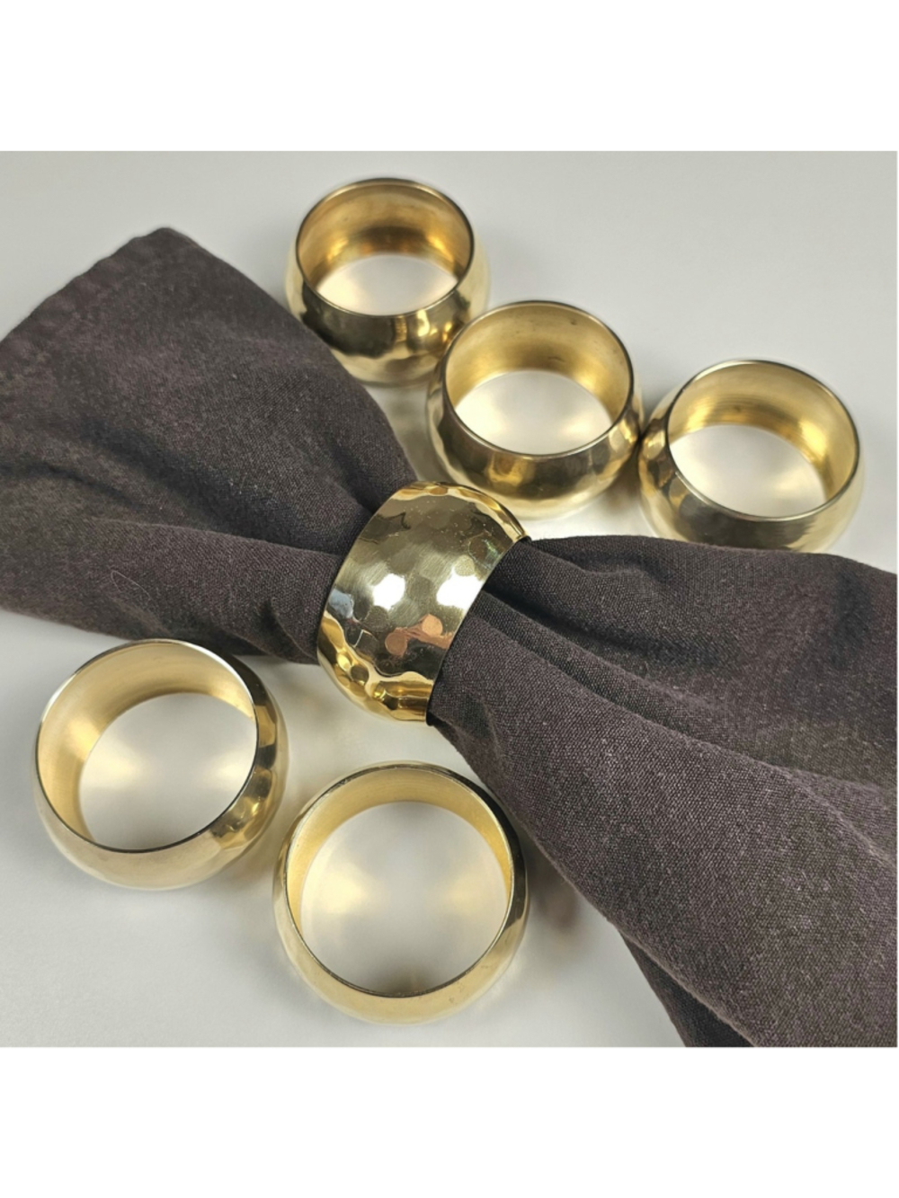 Vintage Hammered Brass Napkin Rings Set of 6 Mid Century Modern Gold Metal Boho